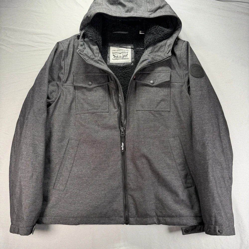 Levis Jacket Mens Large Gray Full Zip Sherpa Lined Fleece Pockets Hooded